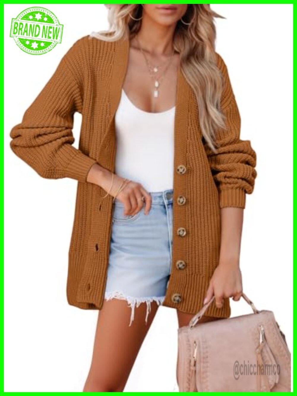 Oversized Long Cardigan Sweater Open Front Button Lantern Sleeve Knit